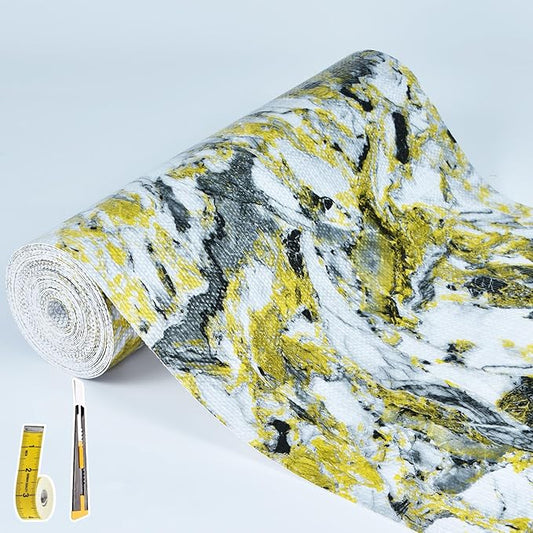 Drawer and Shelf Liner - Yellow Black Marble Pattern,Non Adhesive Non Slip Waterproof Easy-Clean Liner for Kitchen Cabinet, Refrigerator, Bathroom, Pantry Storage Drawers, 12 in x 10 Ft