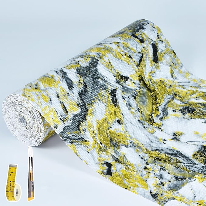 Drawer and Shelf Liner - Yellow Black Marble Pattern,Non Adhesive Non Slip Waterproof Easy-Clean Liner for Kitchen Cabinet, Refrigerator, Bathroom, Pantry Storage Drawers, 17 in x 20 Ft