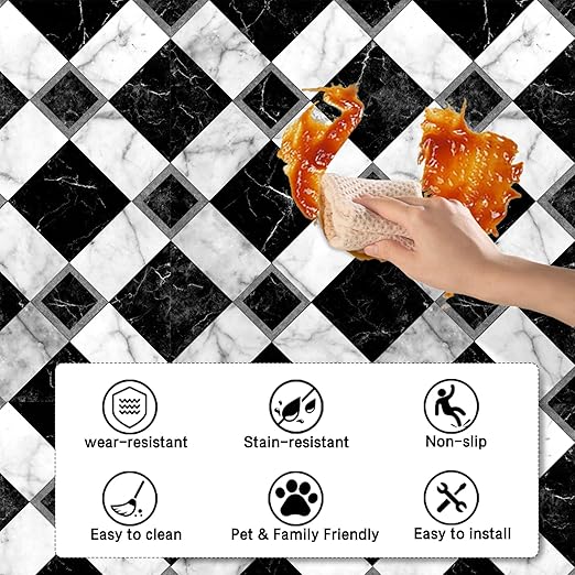 Nuxovilar Peel and Stick Vinyl Floor Tiles, 11.8"x11.8" Black & White Marble Diamond Pattern, 10-Pack Self-Adhesive Flooring