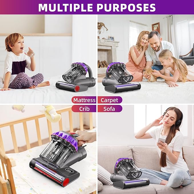 Mattress Vacuum Cleaner - 16Kpa Bed Vacuum with 253.7nm UV-C Light, 140°F Heat Ultrasonic & Hepa Filter, 500W Handheld Couch Cleaner with 3L Dust Cup for Pet Carpet Sofa Hair (D-Purple/Corded)