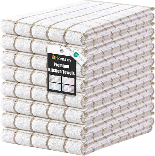 Homaxy Premium Kitchen Towels(16”x 28”, 8 Pack), Large Ring Spun Cotton Dish Towels, Super Absorbent Soft Terry Kitchen Hand Towels, Check Design Tea Towel Set with Hanging Loop, Tan