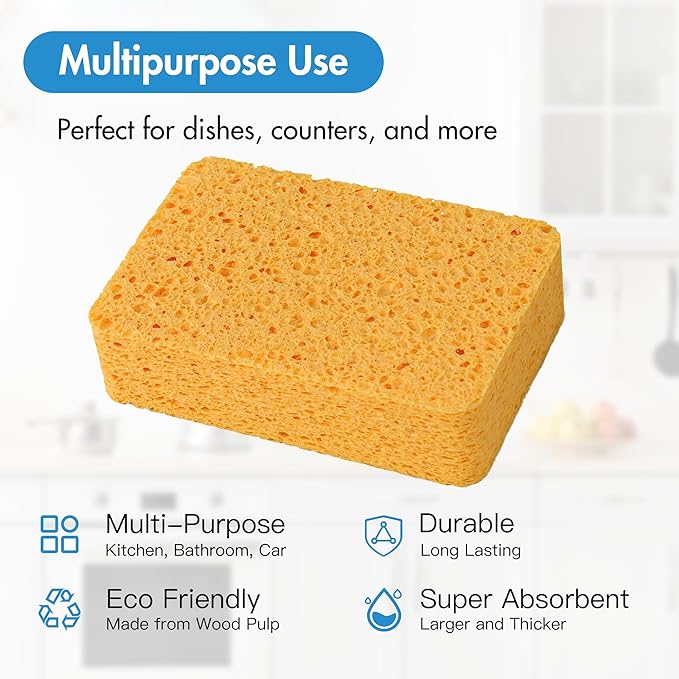Kitchen Sponges – 4 Pack Large Cellulose Dish Washing Sponges, Natural Wood Pulp, Heavy-Duty Non-Scratch Cleaning for Kitchen, Bathroom, Countertops, Car Wash, 5.4x3.5x1.3 inch