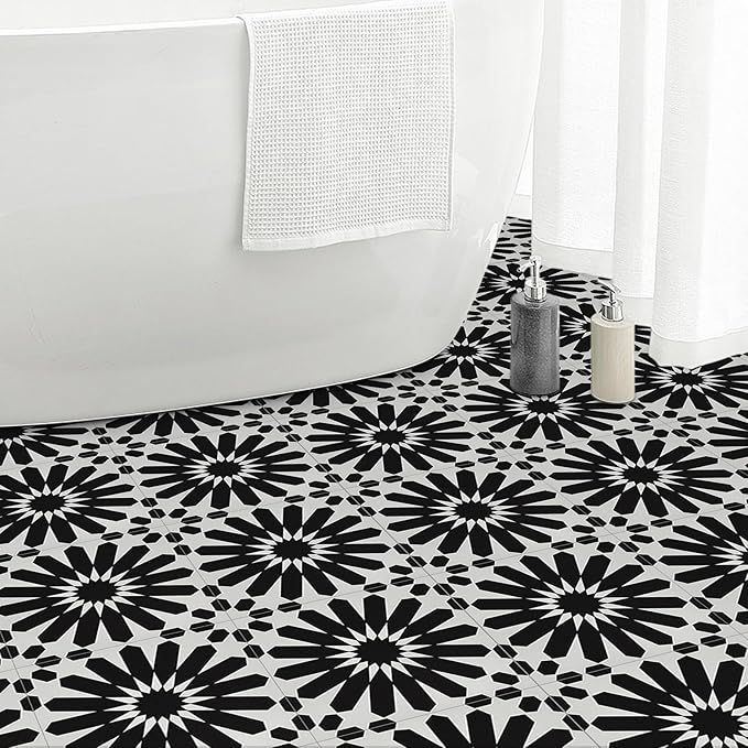 Elffloor Peel and Stick Floor Tile: 10pc 11.8 * 11.8in Self-Adhesive Waterproof Vinyl Flooring Black and White Tiles Sticker for Bathroom, Kitchen, Bedroom, Living Room