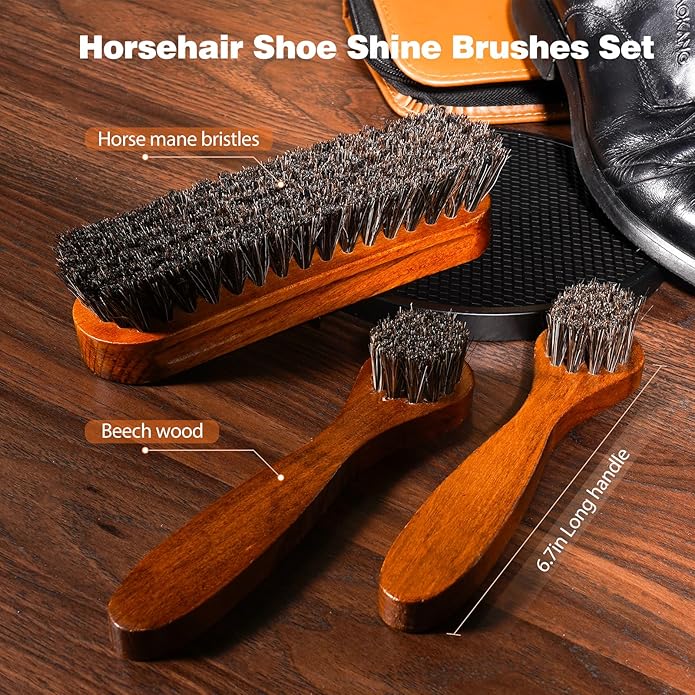TOPUS Valentines Day Gifts Shoes Polish Kit, 3 Pieces Horsehair Brushes in 6.7in Handle, 1.4oz Black Brown Shoe Polisher