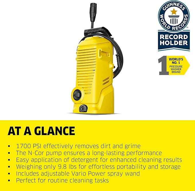 Kärcher Pressure Washer K 1, Max 1.45 GPM, 1700 PSI, Trigger Spray Gun & Vario Power Spray Wand - for Cars, Bikes, Deck, Driveways, Siding, Patios