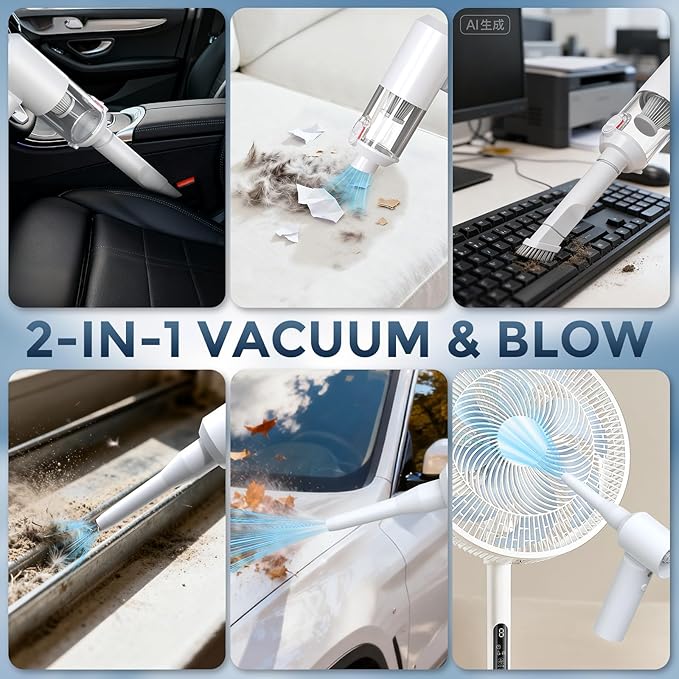Car Vacuum Cordless: 12000Pa 2 in 1 Handheld Vacuum & Blower - Hand Vacuum Portable Cordless with Led Light, Multi-Nozzles for Car, Home, Office, Pet, Hair White