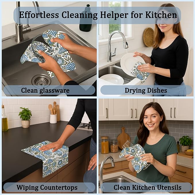 Ridhi Asparagus Green Hand Block Print Cotton Waffle Dish Cloth Set of 12-12x12 Inch Super Absorbent, Soft, Reusable Kitchen Towels for Dish Drying Cleaning, Ideal for Spring, Easter, Valentine