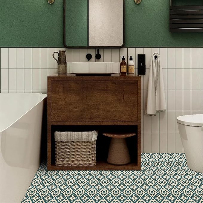 10PCS 12x12 Inch Vintage Heart Floral Pattern PVC Floor Tiles Peel and Stick Removable Self Adhesive Vinyl Flooring Stickers for Bathroom Kitchen Bedroom Home Decor