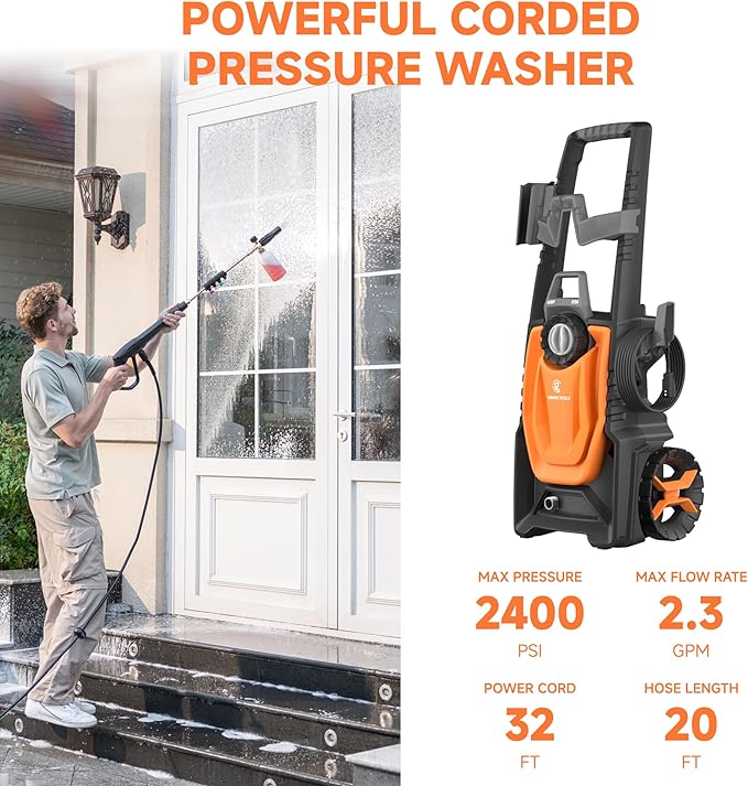Giraffe Tools Electric Pressure Washer, 2400 PSI 2.3 GPM with 4 Quick-Connect Nozzles, 20FT Hose & Foam Cannon, Powerful Washer for Cars/Road/Driveways/Fences