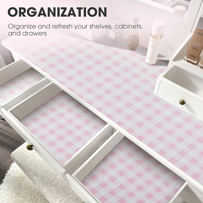 Drawer and Shelf Liner, Non-Slip Kitchen Cabinet Liners Non-Adhesive Thick Strong Grip Waterproof Washable Mats Protect Dresser Shelves Cupboard Bathroom Cabinets, Pink Plaid, 18 in X 20 FT
