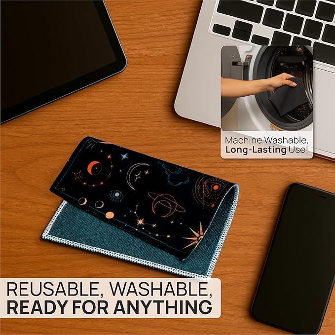 Quick Cloth Microfiber Glasses Cleaning Cloths – 8x8, Astrology, 1 Pack with Case | Double-Sided Lens Cleaner for Eyeglasses, Camera, Screens & Glass | Reusable Microfiber Glass Polishing Cloths