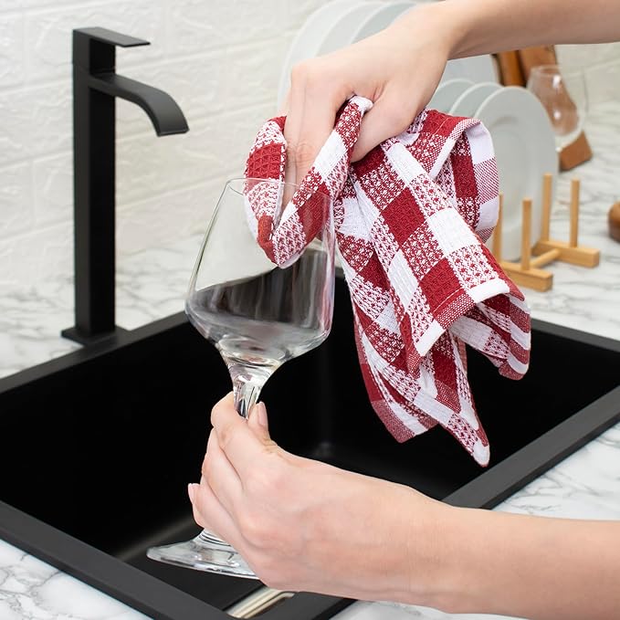 Blue Needles Waffle Weave Check Plaid Kitchen Towels, 15x25 Inches 100% Cotton Set of 4 Dish Towels for Kitchen, Soft & Absorbent for Quick Drying with Hanging Loop Spring Summer - Burgundy & White