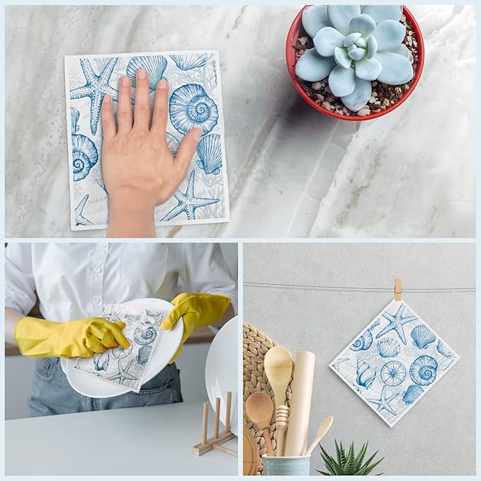 Swedish Dishcloths for Kitchen, Summer Coastal Turtle Beach Decor Kitchen Dish Towels for Washing Dishes, 4 Pack Reusable Paper Towels, Sponge Cloths for Home Cleaning Baking Cooking