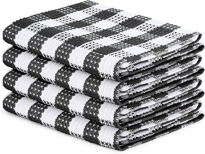 Blue Needles Waffle Weave Check Plaid Kitchen Towels, 15x25 Inches 100% Cotton Set of 4 Dish Towels for Kitchen, Ultra Soft & Absorbent for Quick Drying with Hanging Loop Spring Summer - Black & White