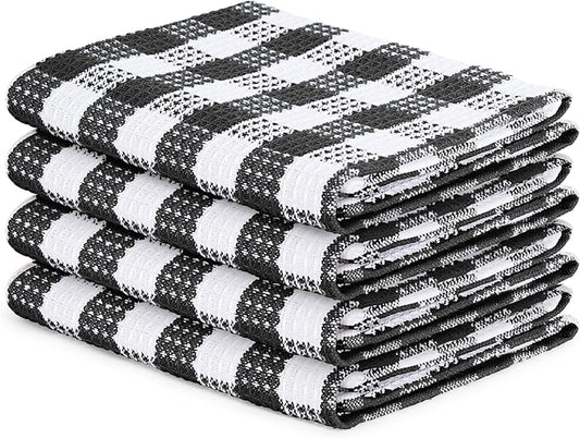 Blue Needles Waffle Weave Check Plaid Kitchen Towels, 15x25 Inches 100% Cotton Set of 4 Dish Towels for Kitchen, Ultra Soft & Absorbent for Quick Drying with Hanging Loop Spring Summer - Black & White