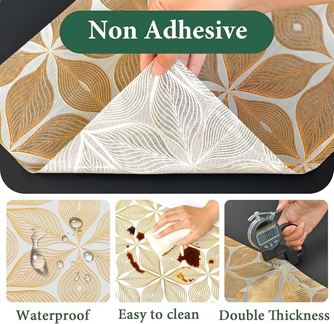 Drawer and Shelf Liner for Kitchen Cabinet: 23.6 in X 20 Ft Waterproof Shelf Paper Non Adhesive Refrigerator Liners Golden Leaf Easy Liners for Bathroom with Knife Tape Measure