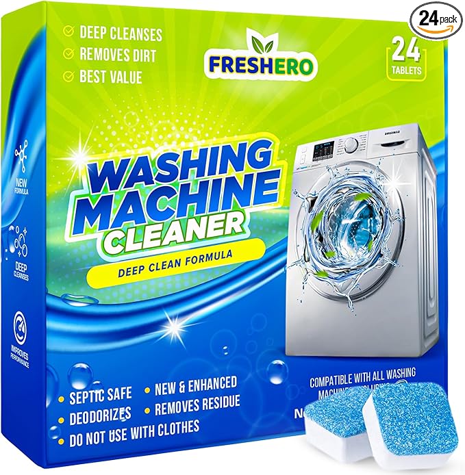 Washing Machine Cleaner Tablets 25 Pack for Front Load, Top Load & HE Washers, Removes Odors, Grime, & Limescale, Deep cleans the inner drum, pump, valve & hoses - Septic Safe, 1 Year Supply
