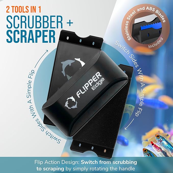 FLIPPER EDGE Standard Magnetic 2-in-1 Aquarium Cleaner for Glass and Acrylic Tanks up to 1/2" (12mm) Thick – Dual Blade Design with Floating Algae Scraper and Cleaning Tool – Black