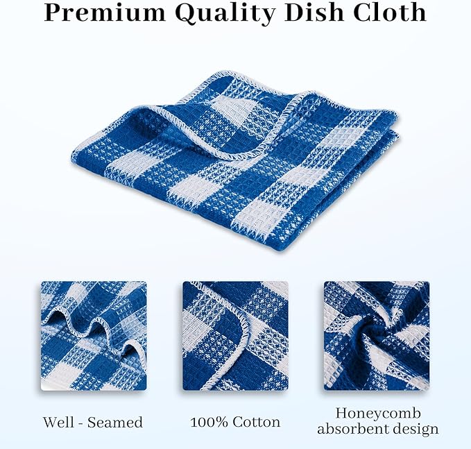 Blue Needles Waffle Weave Check Plaid Dish Cloths, 12x12 Inches 100% Cotton Set of 6 Dish Towels for Kitchen, Ultra Soft & Absorbent Kitchen Towels for Quick Drying Spring Summer - Sky Blue & White