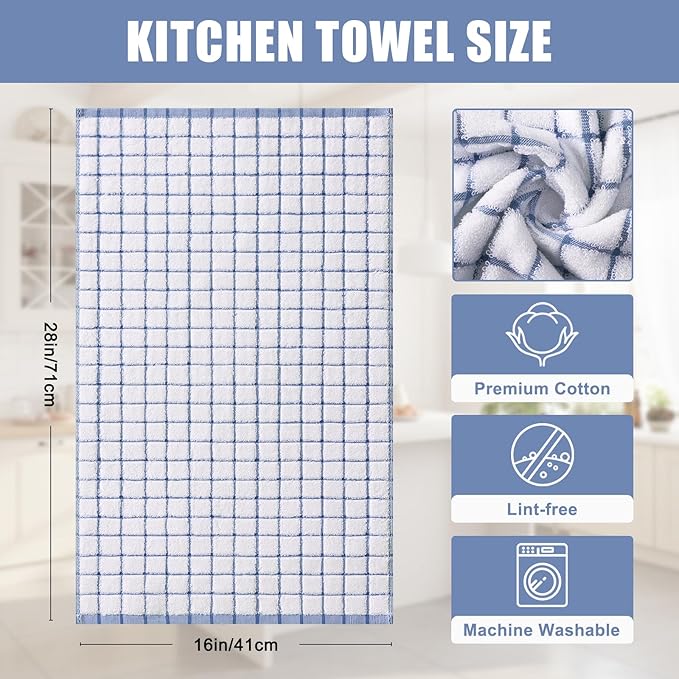 Homaxy Premium Kitchen Towels(16”x 28”, 8 Pack), Large Ring Spun Cotton Dish Towels, Super Absorbent Soft Terry Kitchen Hand Towels, Check Design Tea Towel Set with Hanging Loop, Navy Blue