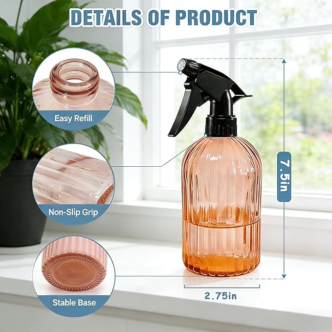 Glass Plant Spray Bottle, 13.5oz Refillable Plant Mister Bottle, Handheld Water Spray Bottle with Adjustable Mist Nozzle for Outdoor Gardening, Indoor Flowers, Cleaning, Hair & Pets Care (Orange)