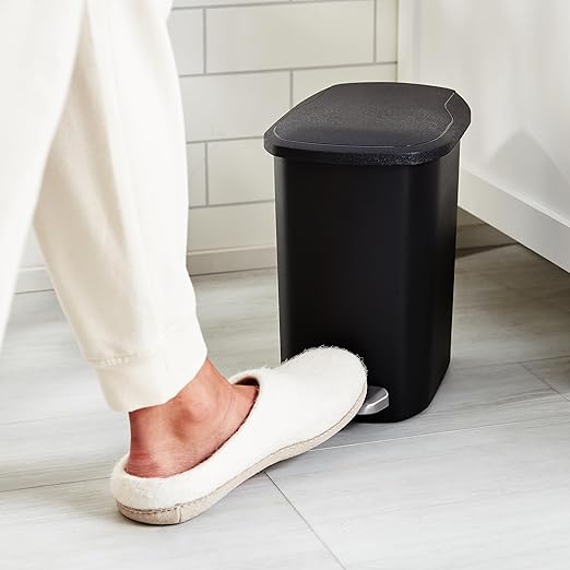 Amazon Basics Compact Plastic Bathroom Trash Can with Hands Free Foot Pedal, Quiet Close Step-On, 6 Liters, Black, Lid Included (Pack of 6)