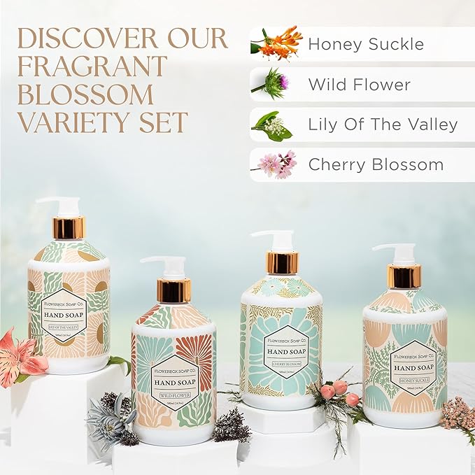 FlowerBox Liquid Hand Soap with Pump – Set of 12 Scented, Decorative Hand Soap Dispensers for Bathroom and Kitchen – 500 mL Luxury Floral Mosaic Bottles, Gift Pack