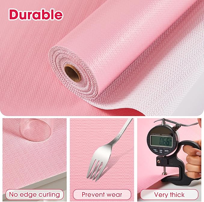 Drawer and Shelf Liner, Non-Slip Kitchen Cabinet Liners Non-Adhesive Thick Strong Grip Waterproof Washable Mats Protect Dresser Shelves Cupboard Bathroom Cabinets, Pink, 12 in X 10 FT