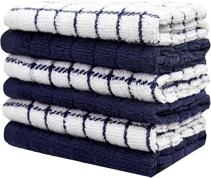 Bumble Premium Cotton Dish Cloths 12" x 12"| Navy Design | 405 GSM | Highly Absorbent & Soft Dish Towels | 100% Natural Ring Spun Cotton Kitchen Towel Set - 6 Pack