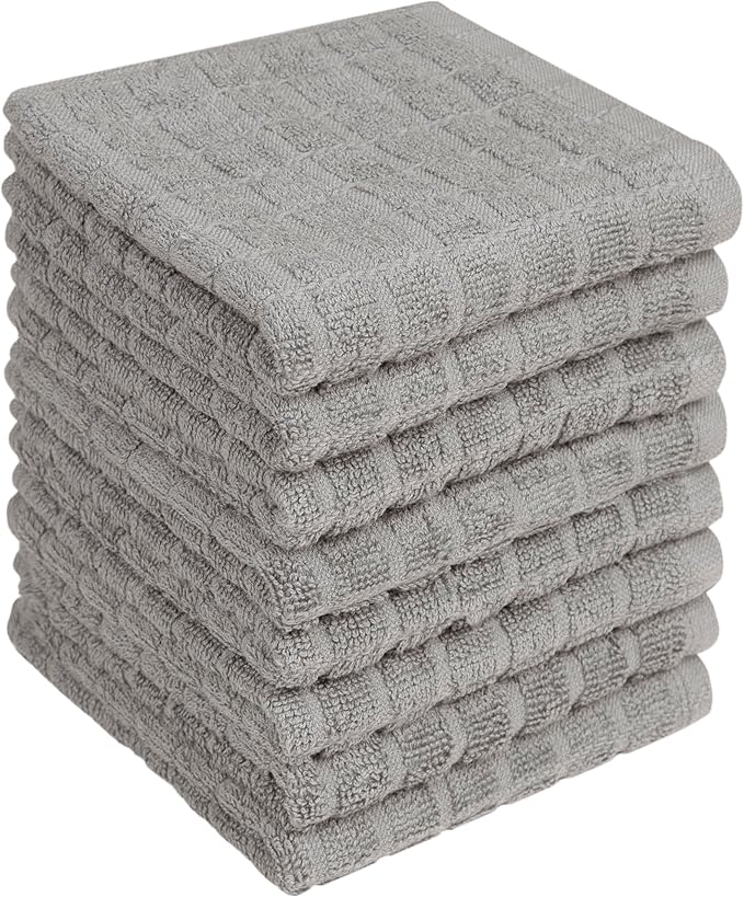 Premium Dish Towels (12”x 12”, 8 Pack) | Cotton Kitchen Hand Towels | Kitchen Towels | Highly Absorbent Tea Towels Set | Grey