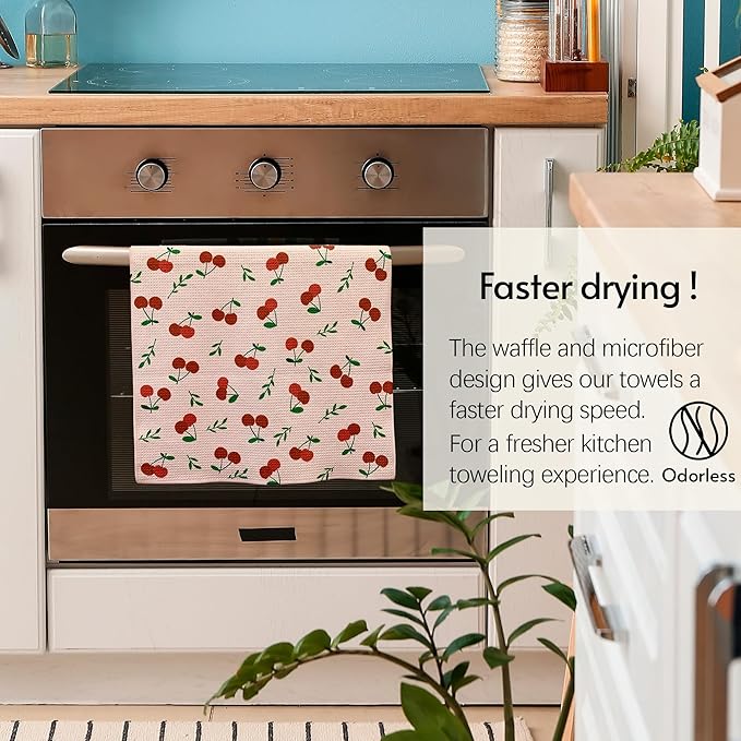 Kitchen Towels, 18" x 30" Dish Towels, Microfiber Tea Towels for Kitchen Drying, Superior Absorbency, Lemon Cherry Series, 2-Pack