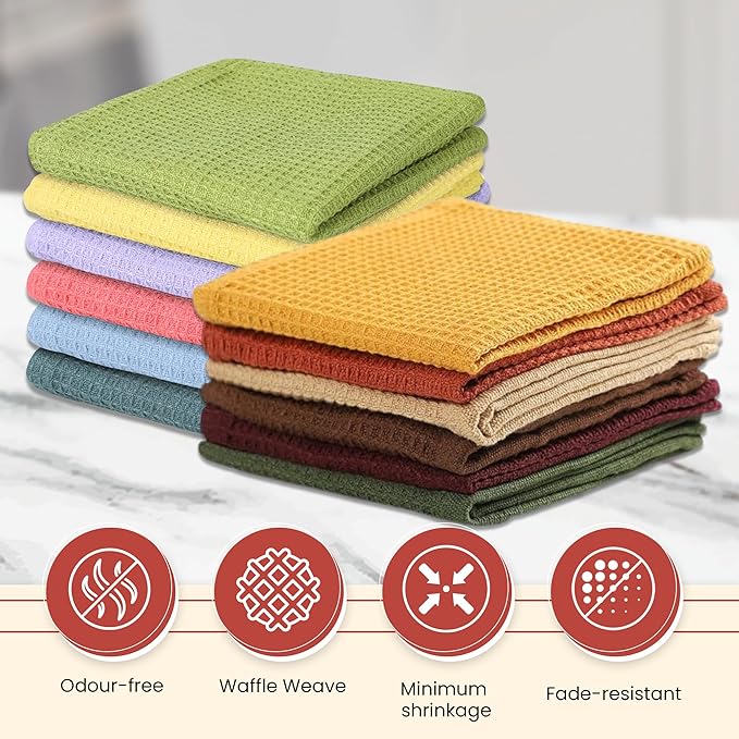Vintage Vista 100% Cotton Waffle Dish Cloths (Pack of 12) - Dish Rags for Washing Dishes - Reusable & Highly Absorbent Kitchen Towels - Kitchen Rags for Christmas - (12" x 12" - Multicolor I)