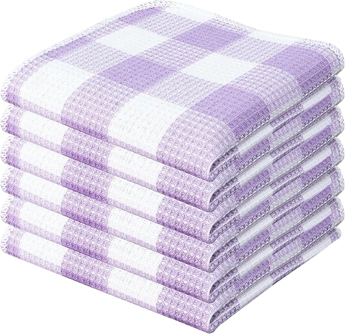 PurpleEssences Waffle Weave Plaid Dish Cloths, 100% Cotton - 12x12 Inches, Soft Absorbent Quick Drying Buffalo Check Dish Rags for Kitchen, 6 Pack - Christmas Holiday Winter - Lavender and White