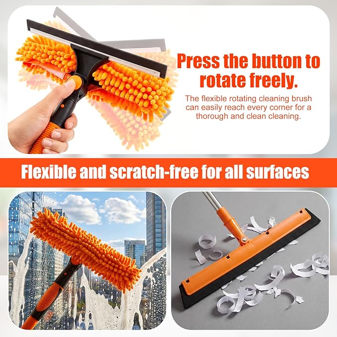 30 Feet High Reach Duster Kit with 2-24 ft Extension Pole High Ceiling Dusting and Window Cleaning Kit with Window Washer & Squeegee, Cobweb Duster, Washable Head for Ceiling Fan Blade