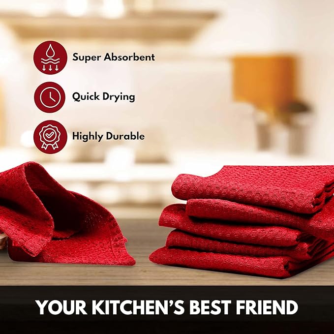 Red Waffle Kitchen Towels, 100% Cotton, Quick Dry, Super Absorbent, Soft, Lint-Free, 16x26 Inches, with Hanging Loop - Ideal for Dish Drying, Bar, Tea, Cleaning & Everyday Use, 4 Pack