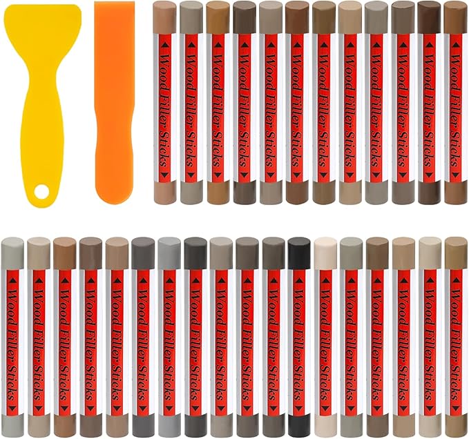 30+2p Wood Filler Sticks - 30 Colors Wood Markers Furniture Repair Wax Crayons with 2 Scrapers, Furniture Touch Up Markers Kit for Repairing Cabinets, Floors &Furniture, Gray Series