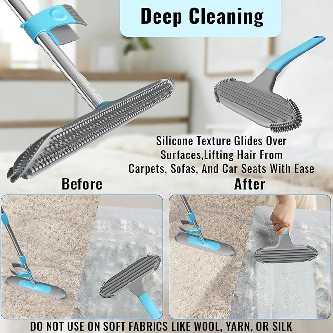 Carpet Rake for Pet Hair Removal Tool, 3 in 1 Carpet Scraper with 59" Adjustable Handle, Silicone Rug Rake for Dog & Cat Hair, Pet Hair Remover for Furniture, Couch, Pet Bed & Car Interior