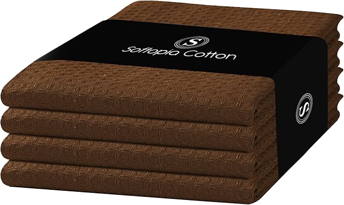 Brown Kitchen Towels – Waffle Weave, 100% Cotton, Soft & Absorbent, Fast Dry, Durable, 16x26 Inches, Perfect for Dish Drying, Bar, Cleaning, and Everyday Use, Set of 4, Brown