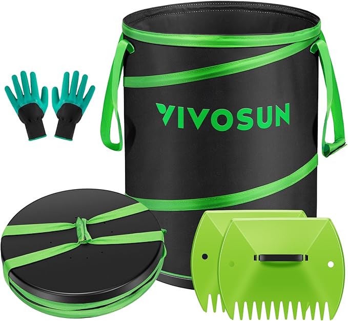 VIVOSUN 47-Gallon Collapsible Garden Bag, Yard Waste Bin with Hard-Shell Bottom, Leaf Scoops and Gloves, Collapsible Yard Waste Containers for Lawn Care and Camping