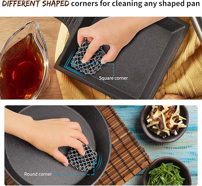 Herda Cast Iron Scrubber Tool Kit,2Pack Cast Iron Skillet Cleaner Cleaning Care Kit 316 Chain Mail Scrubber, Steel Skillet Brush Plastic Pan Scraper Set for Grill Griddle Pot Dish Food