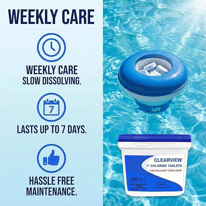 ClearView Chlorine Tablets 1 Inch 10 Lbs for Swimming Pools, 1" Chlorinating Tablets for Spa Hot Tub Chemicals Pool Chlorinating Sanitizer, Kills Bacteria Controls Algae