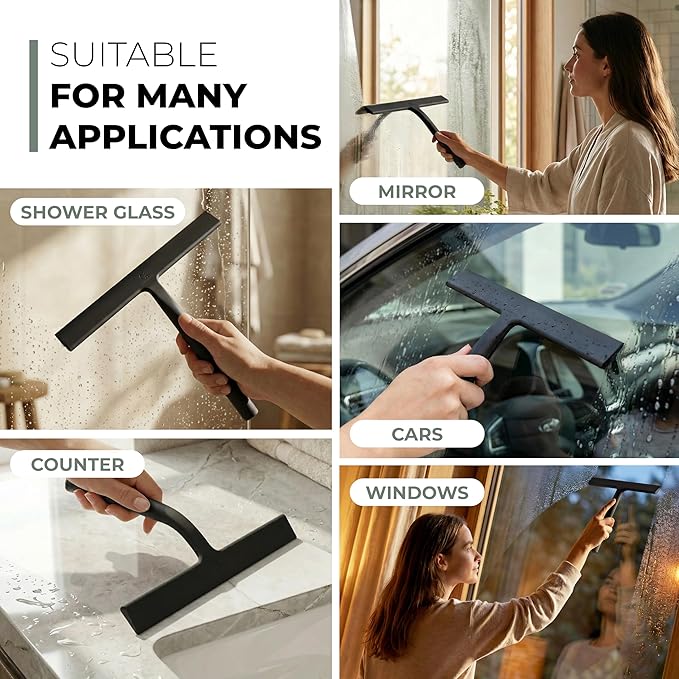 GÜTEWERK Shower Squeegee for Glass Doors, Silicone Window Squeegee, Bathroom and Glass Cleaning - Black - 9 Inch