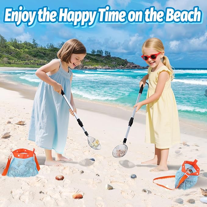 2 Pack Sand Sifter with Seashell Bags - 21.6"~33" Adjustable Shark Tooth Sifter for The Beach Seashell Collecting, Mesh Shovel Scooper with Retractable Handle, Beach Toys for Adults Family Kids
