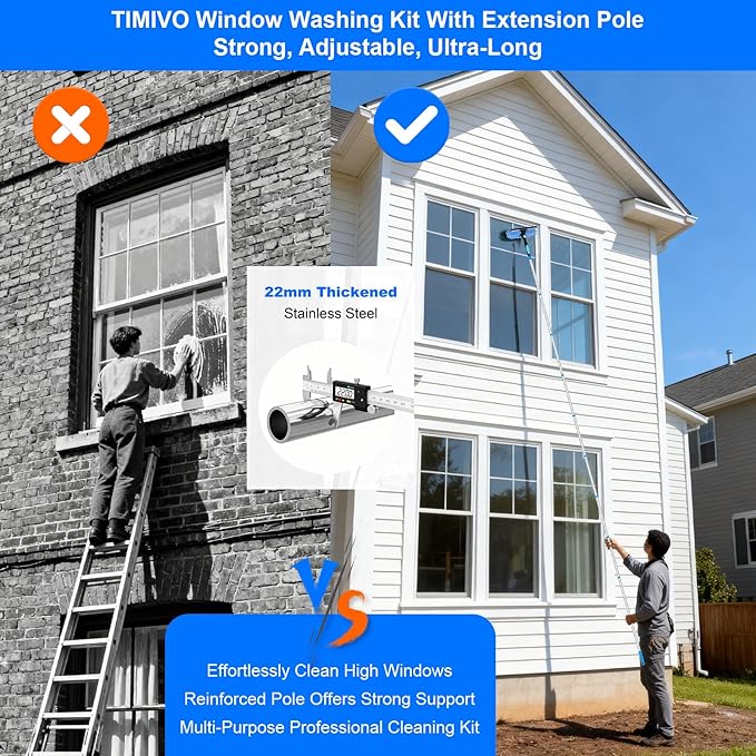 152'' Window Cleaning Kit, 2 in 1 Window Squeegee with Extension Poles, Window Cleaner Tools for Indoor/Outdoor High Window, Car, Glass