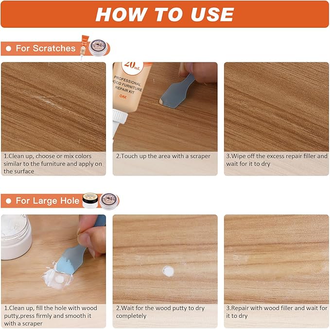 SEISSO Wood Repir Kit, 8 Colors Touch up Fillers, Wood Putty with Wood Polish Wax - Restore Stains, Scratch, Cracks, Hole, Hardwood Furniture Repair Kit for Cabinet, Floor, Door, Table