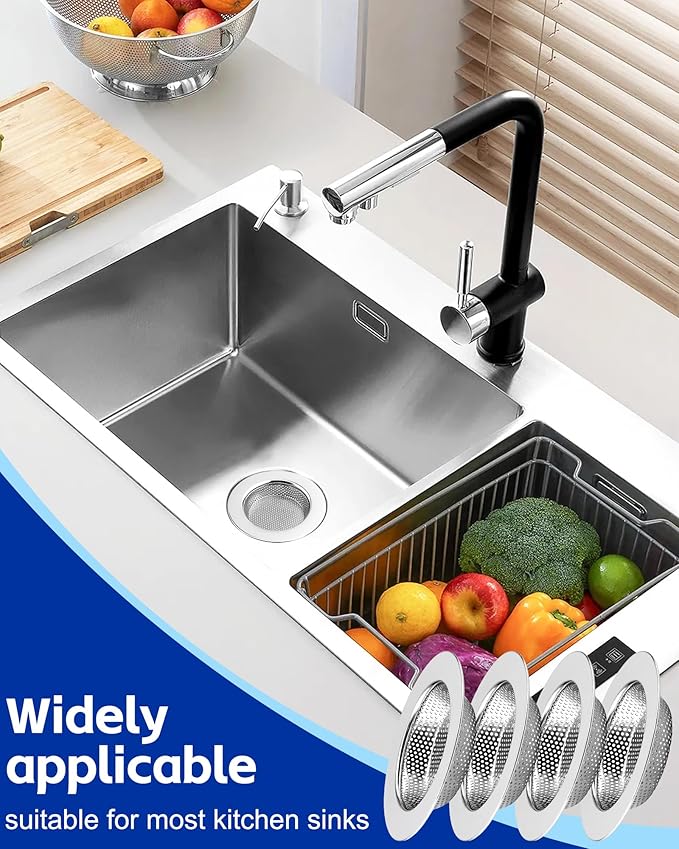 4-Pack Kitchen Sink Drain Strainer, Sturdy Stainless Steel, for Most Kitchen Sink, Effectively Catches Food Particles to Keep Drain Cleanliness, Ease of Cleaning, Outer Diameter 4.5 Inch