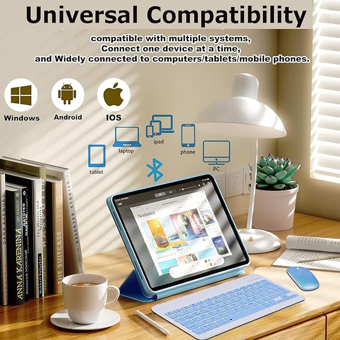 Bluetooth Wireless Keyboard and Mouse Combo,Ultra-Slim Ergonomic Small Rechargeable Bluetooth Keyboard Mouse Set for Apple iPad iPhone Samsung Tablet Phone Android PC Computer Mac Smartphone(Blue)
