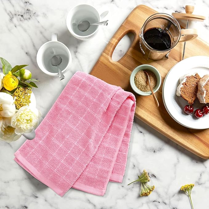 Mordimy 100% Cotton Terry Cloth Kitchen Towels, Super Soft and Absorbent Dish Towels for Drying, Checkered Designed Hand Towels for Kitchen, 16 x 26 Inches, 8 Pack, Pink