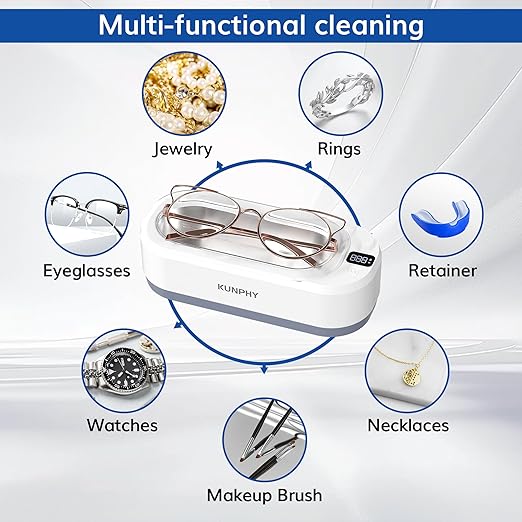 Upgraded KUNPHY Ultrasonic Jewelry Cleaner, 350ML 48KHz Professional Ultrasonic Cleaner Machine with 3 Digital Timers, Touch Operation for Eyeglass, Watches, Ring, Silver, Gold, Diamond