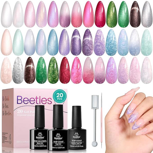 Beetles Pearl Gel Nail Polish Set - Ocean Treasures 20 Colors Spring Glitter Cat Eye Pink Red Mermaid Swirl Thread Effect Gel Polish Soak off UV Nail Gel Home DIY Manicure Gift for Women